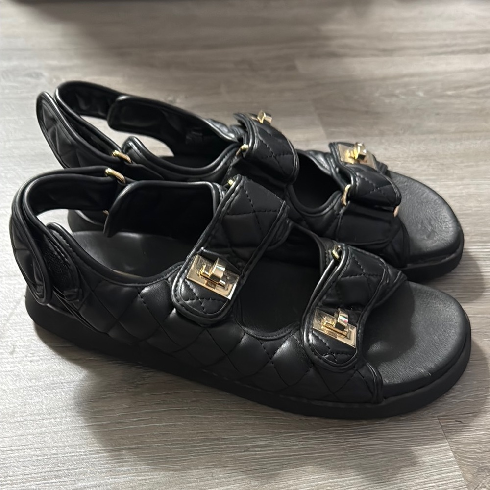 Black Quilted Sandals with Gold Buckles